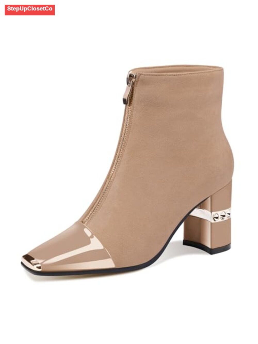 Suede Ankle Boots Block Chunky Heel Square Metal Toe Booties